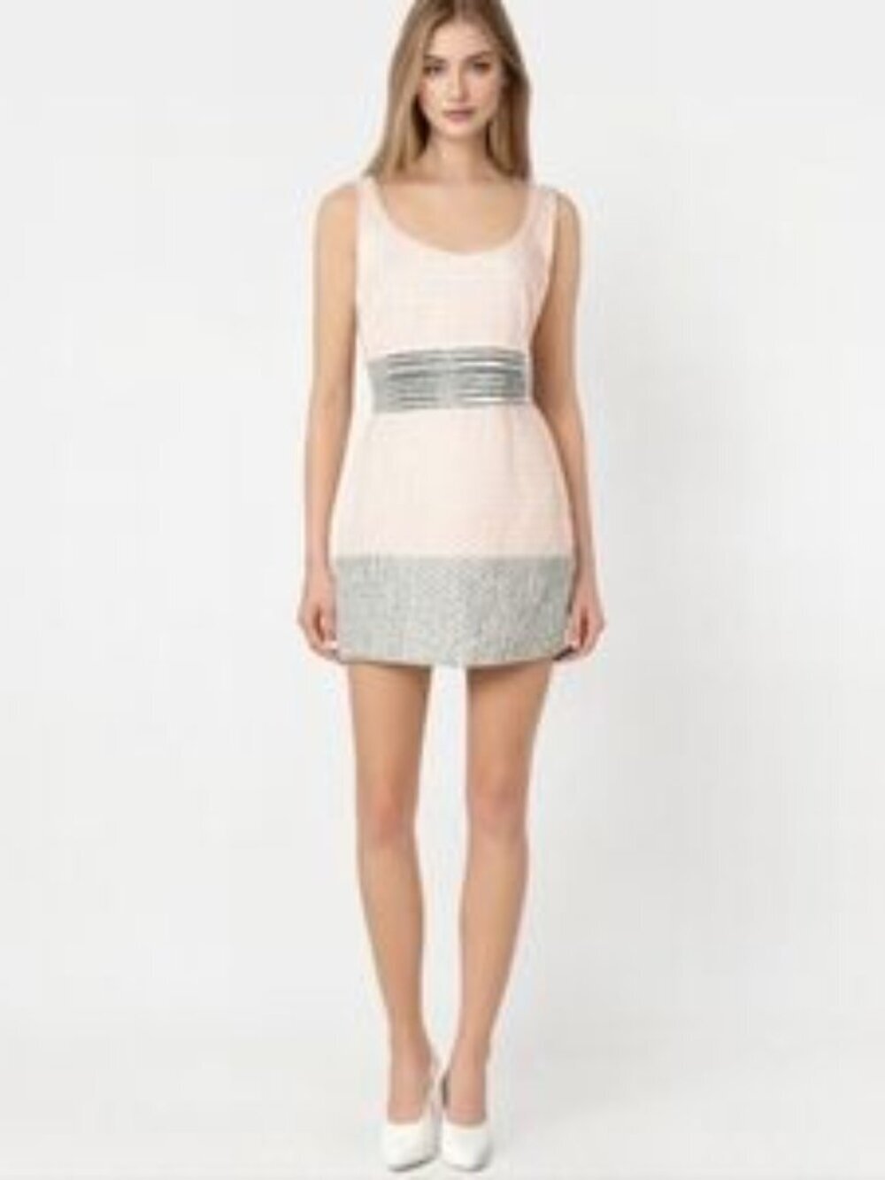 Belle Badgley Mischka $269 Beaded Sequined Dress Pink Silver Ivory Size 2